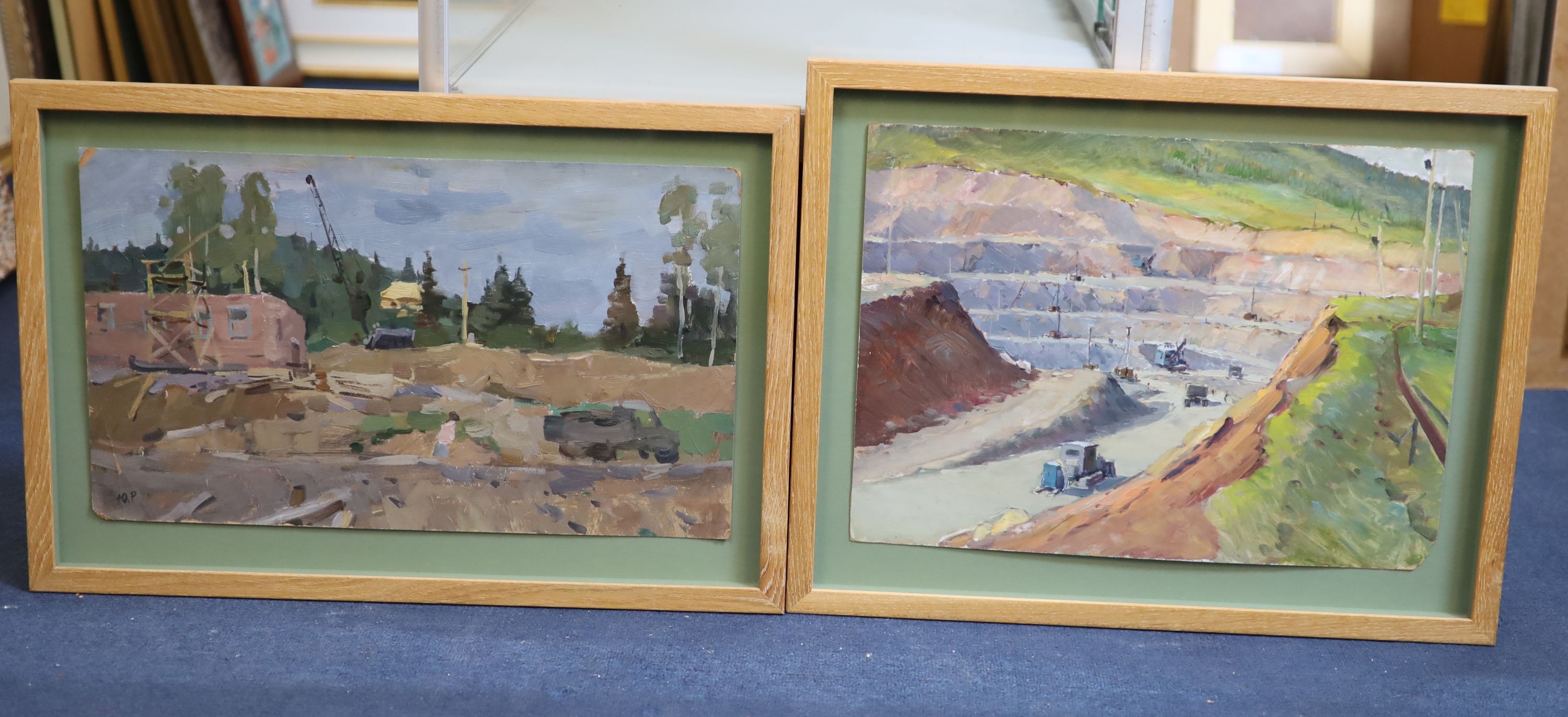 Russian School, two oils on board, View of a quarry and a similar construction scene, one monogrammed, 35 x 48cm and 30 x 52cm